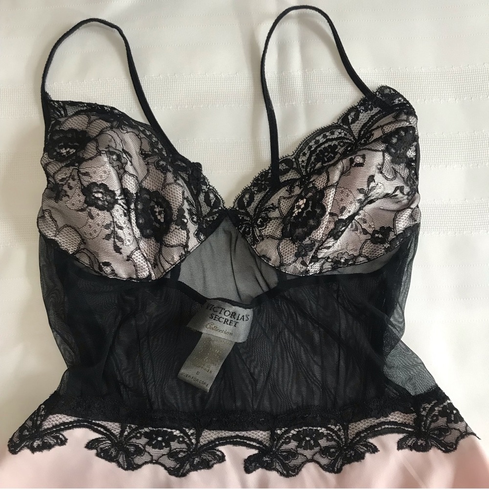 90"s Vintage Victoria’s Secret Collection Pink/Black Lace Mesh Babydoll Chemise - Picture 4 of 16